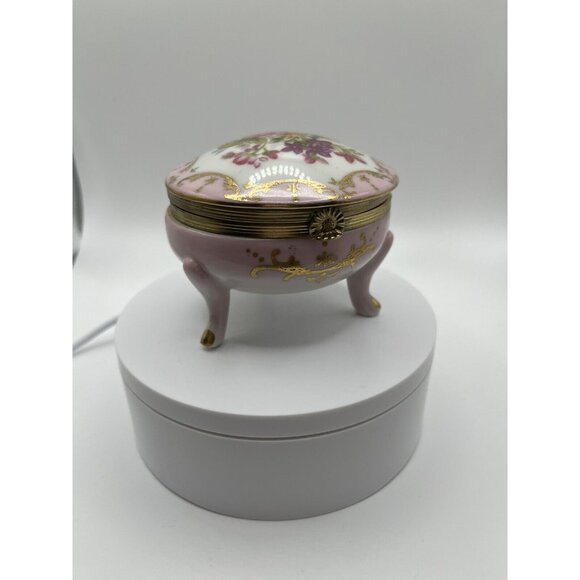 Porcelain Hand Painted Trinket Box Hinged Lid 4 Pedestal Legs Pink Floral VTG - Picture 13 of 16
